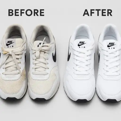 White Nike Air cleaning service – Before and after deep stain removal.