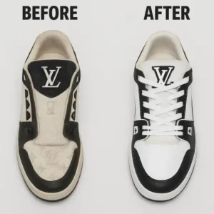 Luxury LV sneaker cleaning – Premium designer shoe restoration before and after.