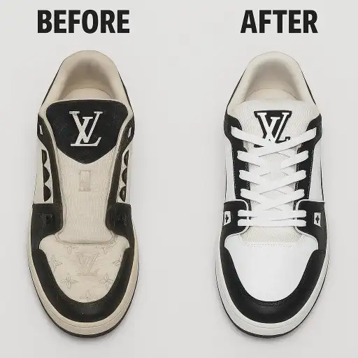 Luxury LV sneaker cleaning – Premium designer shoe restoration before and after.